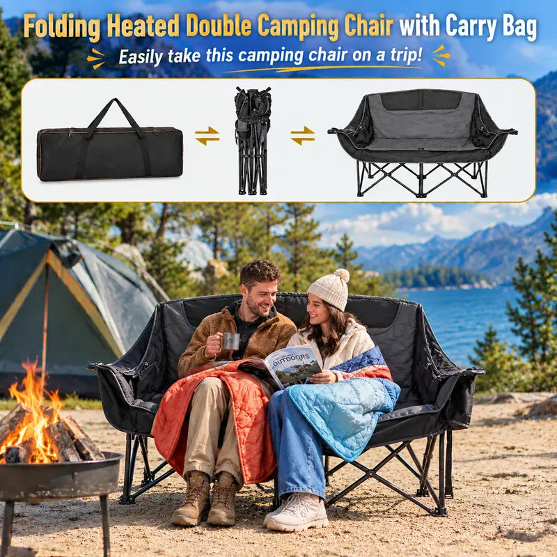 Heated Double Folding Camping Chair, Portable Heated Double-Seater Sofa