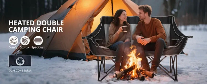 Heated Double Folding Camping Chair, Portable Heated Double-Seater Sofa