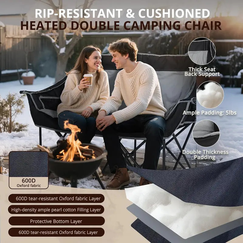 Heated Double Folding Camping Chair, Portable Heated Double-Seater Sofa