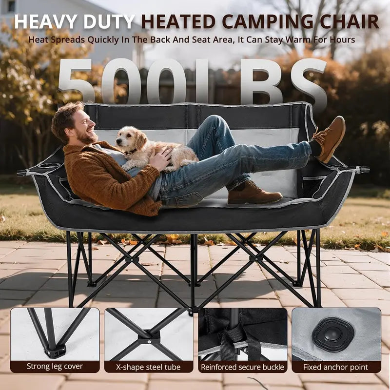 Heated Double Folding Camping Chair, Portable Heated Double-Seater Sofa