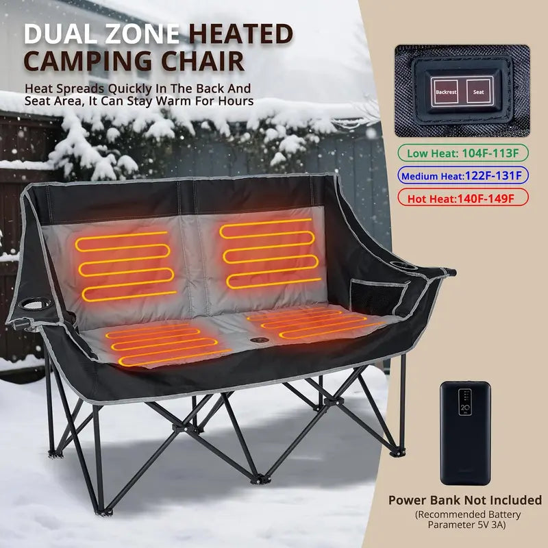 Heated Double Folding Camping Chair, Portable Heated Double-Seater Sofa