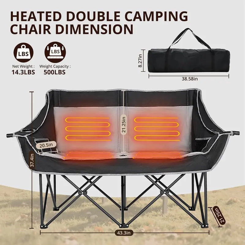 Heated Double Folding Camping Chair, Portable Heated Double-Seater Sofa