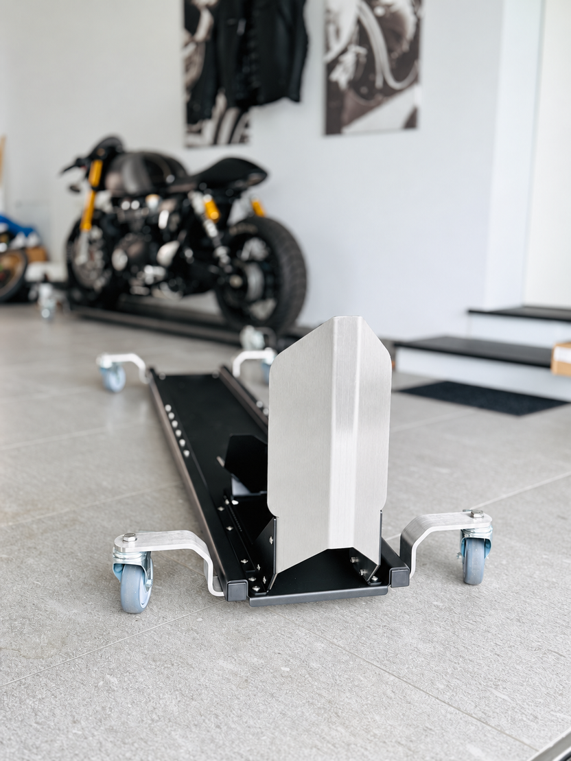 Unbranded motorcycle platform with steel frame and caster wheels